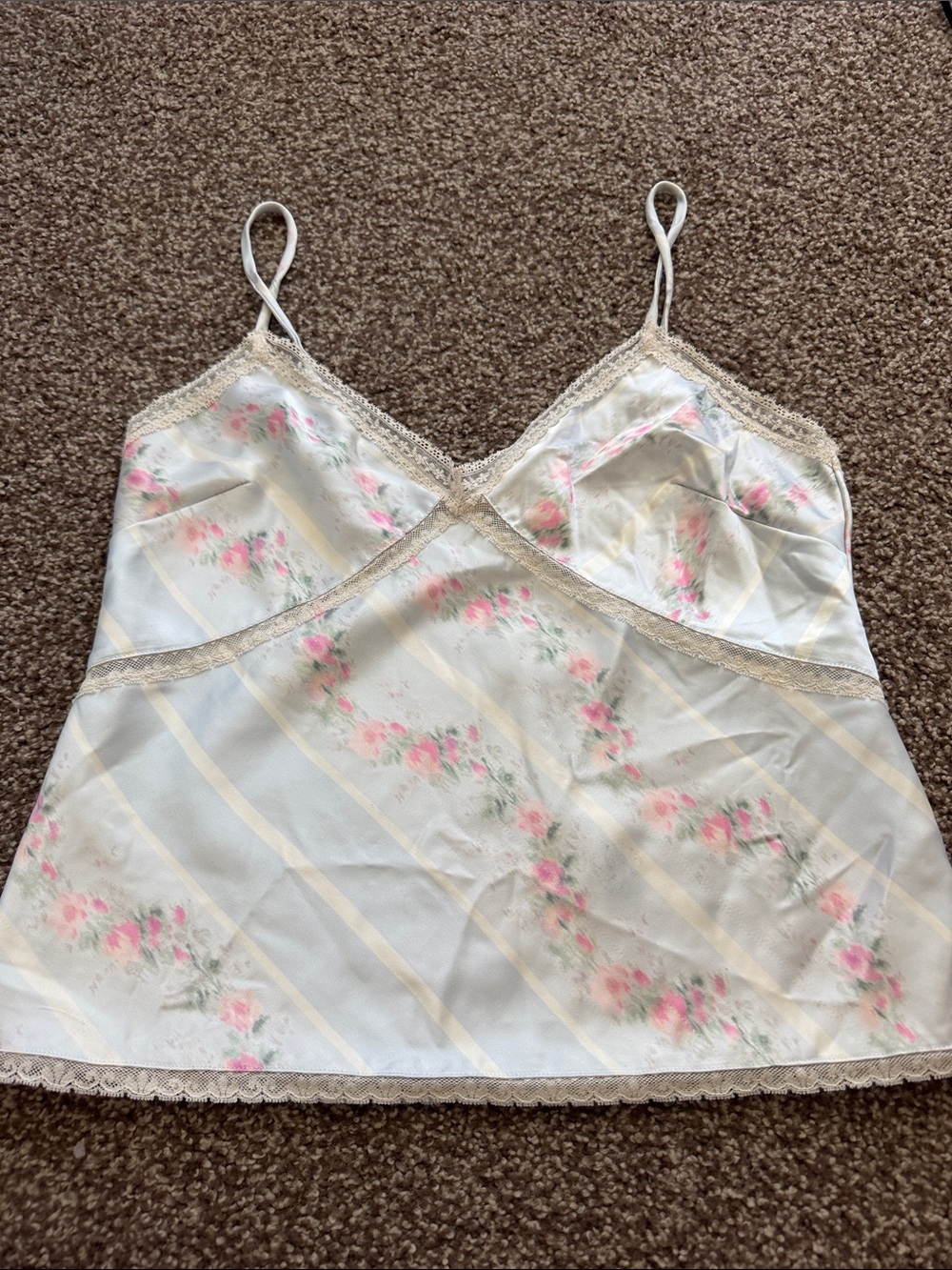 LoveShackFancy Cream and Pink Floral Satin Slip Top